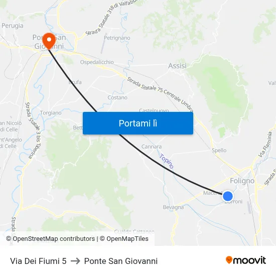 Via Dei Fiumi 5 to Ponte San Giovanni map