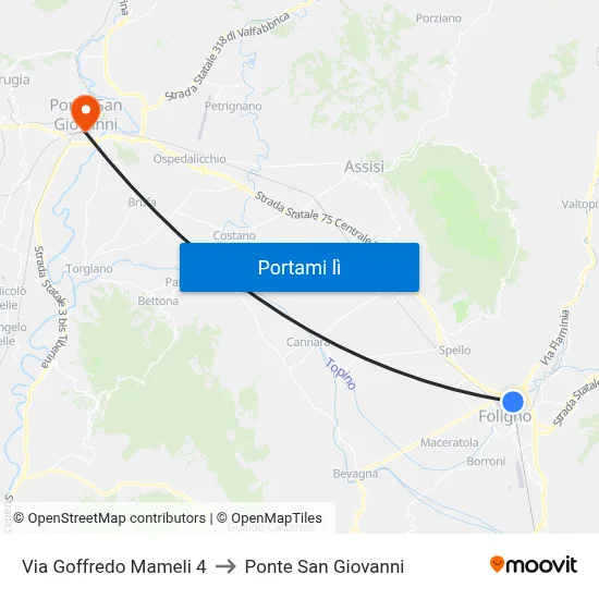 Via Goffredo Mameli 4 to Ponte San Giovanni map