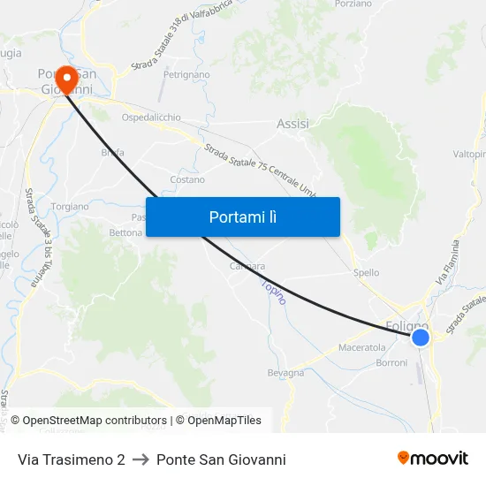 Via Trasimeno 2 to Ponte San Giovanni map