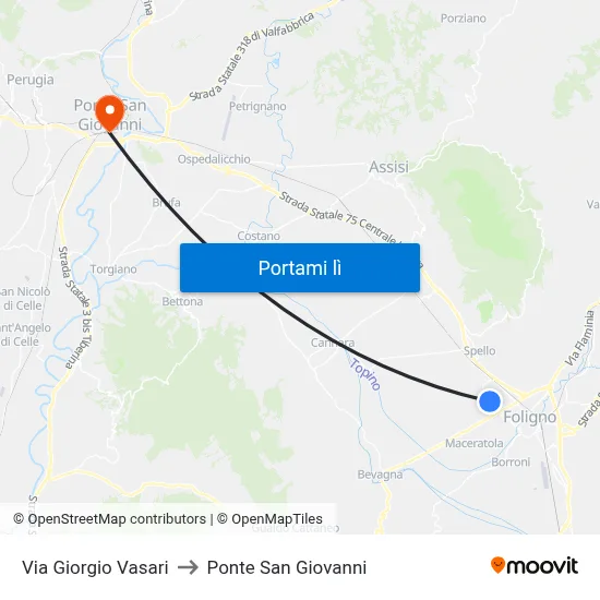 Via Giorgio Vasari to Ponte San Giovanni map