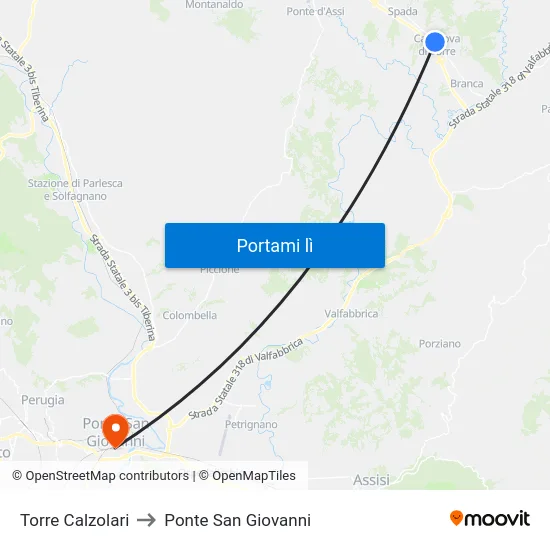 Torre Calzolari to Ponte San Giovanni map
