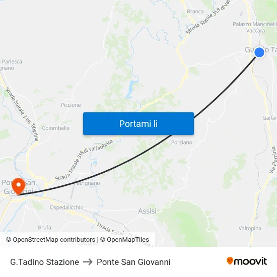 G.Tadino Stazione to Ponte San Giovanni map