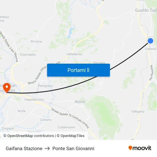 Gaifana Stazione to Ponte San Giovanni map
