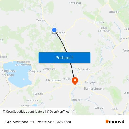 E45 Montone to Ponte San Giovanni map