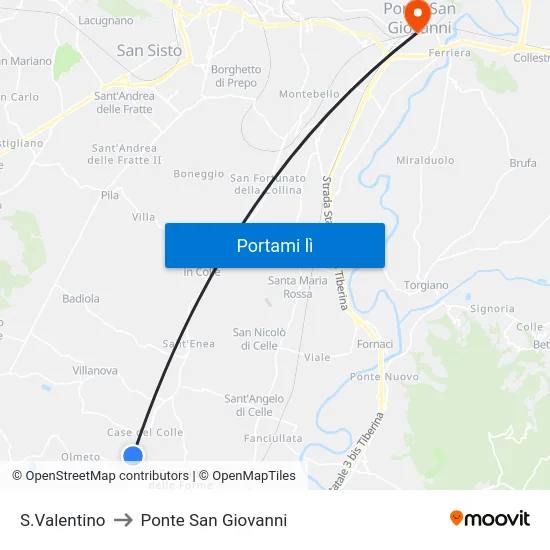 S.Valentino to Ponte San Giovanni map