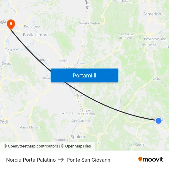 Norcia Porta Palatino to Ponte San Giovanni map
