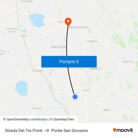 Strada Dei Tre Ponti to Ponte San Giovanni map