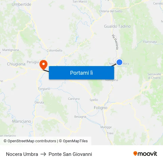 Nocera Umbra to Ponte San Giovanni map