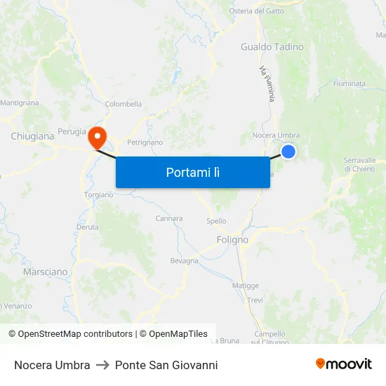 Nocera Umbra to Ponte San Giovanni map