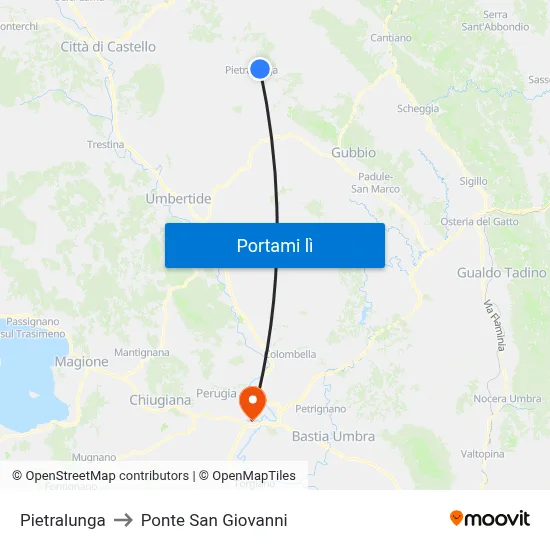 Pietralunga to Ponte San Giovanni map