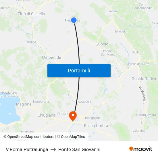 V.Roma Pietralunga to Ponte San Giovanni map