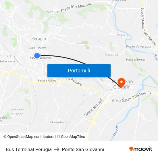 Bus Terminal Perugia to Ponte San Giovanni map