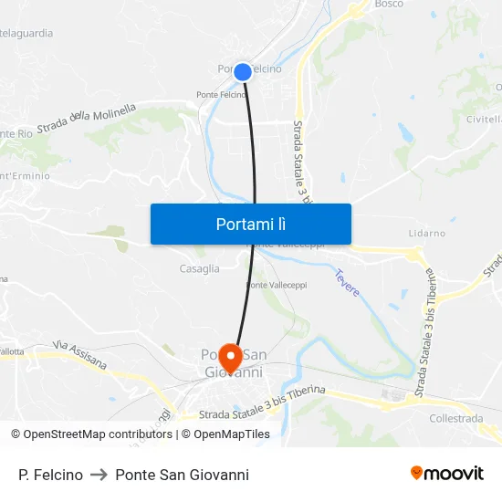 P. Felcino to Ponte San Giovanni map