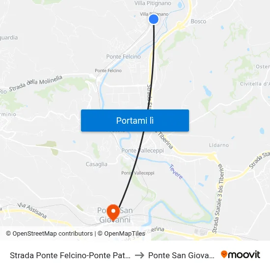 Strada Ponte Felcino-Ponte Pattoli to Ponte San Giovanni map
