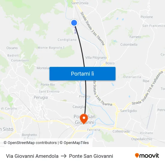 Via Giovanni Amendola to Ponte San Giovanni map