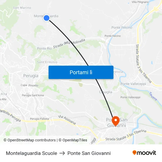 Montelaguardia Scuole to Ponte San Giovanni map