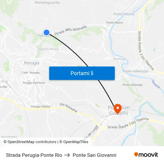 Strada Perugia-Ponte Rio to Ponte San Giovanni map
