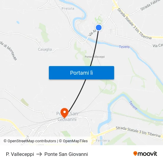 P. Valleceppi to Ponte San Giovanni map