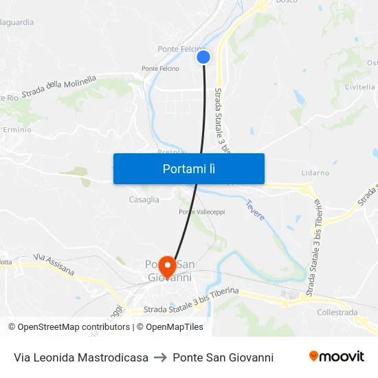 Via Leonida Mastrodicasa to Ponte San Giovanni map