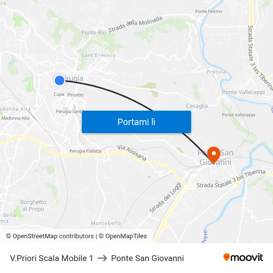 V.Priori Scala Mobile 1 to Ponte San Giovanni map