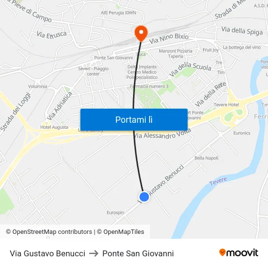 Via Gustavo Benucci to Ponte San Giovanni map
