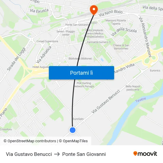 Via Gustavo Benucci to Ponte San Giovanni map