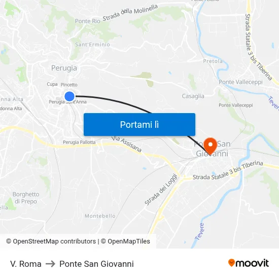 V. Roma to Ponte San Giovanni map