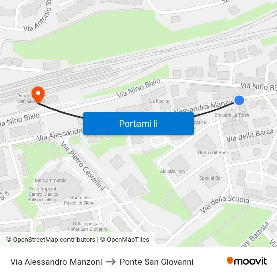 Via Alessandro Manzoni to Ponte San Giovanni map