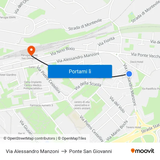 Via Alessandro Manzoni to Ponte San Giovanni map