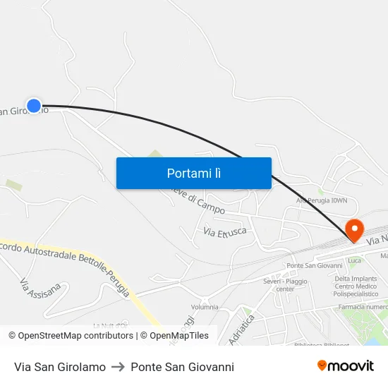 Via San Girolamo to Ponte San Giovanni map