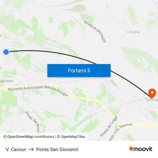 V. Cavour to Ponte San Giovanni map