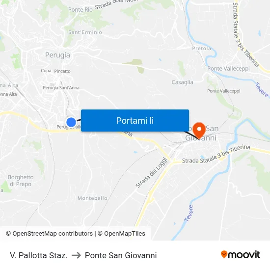 V. Pallotta Staz. to Ponte San Giovanni map