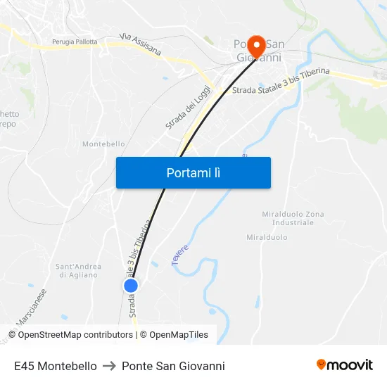 E45 Montebello to Ponte San Giovanni map