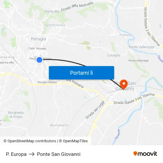 P. Europa to Ponte San Giovanni map