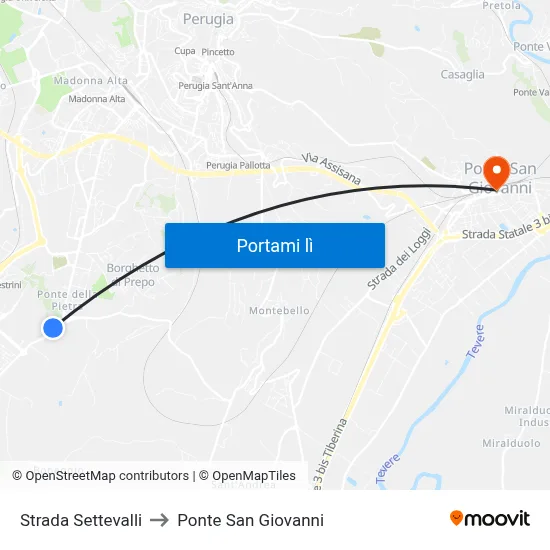 Strada Settevalli to Ponte San Giovanni map