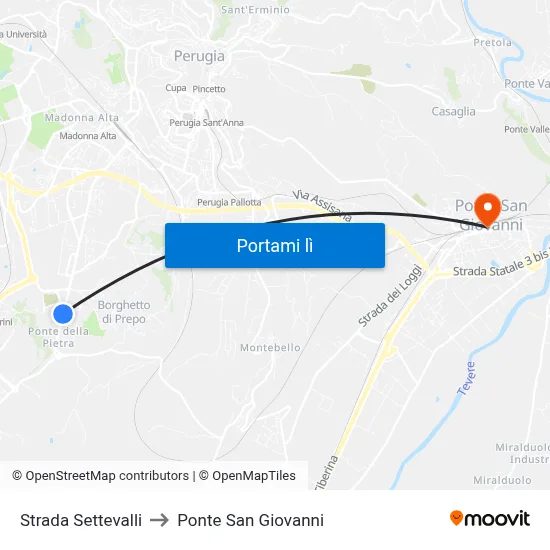 Strada Settevalli to Ponte San Giovanni map