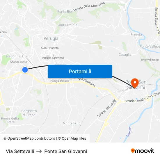 Via Settevalli to Ponte San Giovanni map