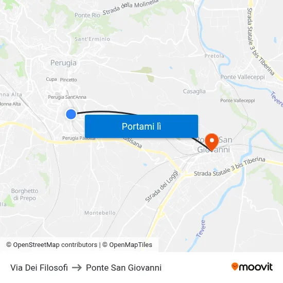 Via Dei Filosofi to Ponte San Giovanni map