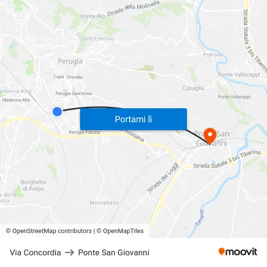 Via Concordia to Ponte San Giovanni map