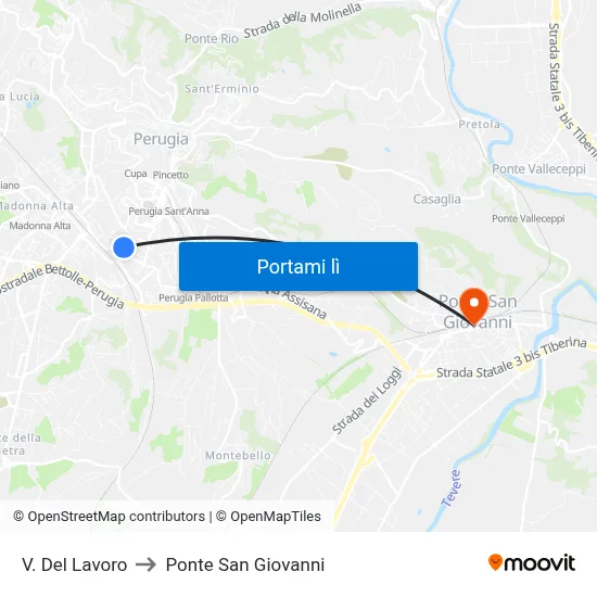 V. Del Lavoro to Ponte San Giovanni map