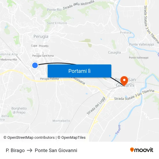 P. Birago to Ponte San Giovanni map