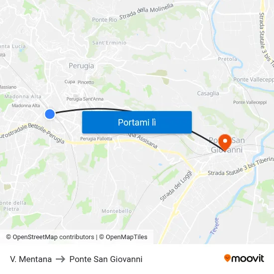 V. Mentana to Ponte San Giovanni map