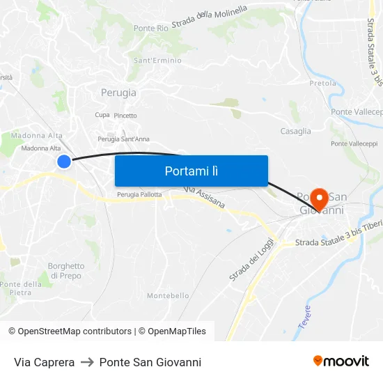 Via Caprera to Ponte San Giovanni map