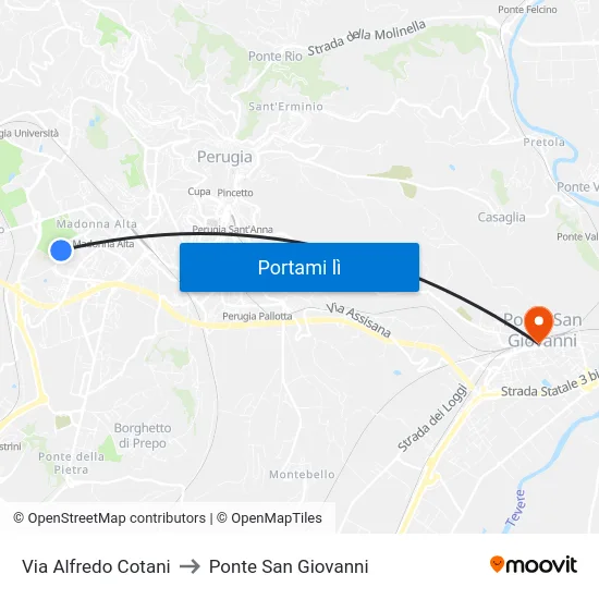 Via Alfredo Cotani to Ponte San Giovanni map