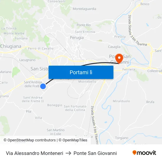 Via Alessandro Monteneri to Ponte San Giovanni map