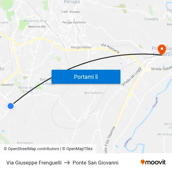 Via Giuseppe Frenguelli to Ponte San Giovanni map