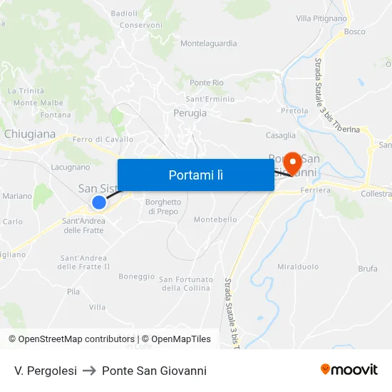 V. Pergolesi to Ponte San Giovanni map