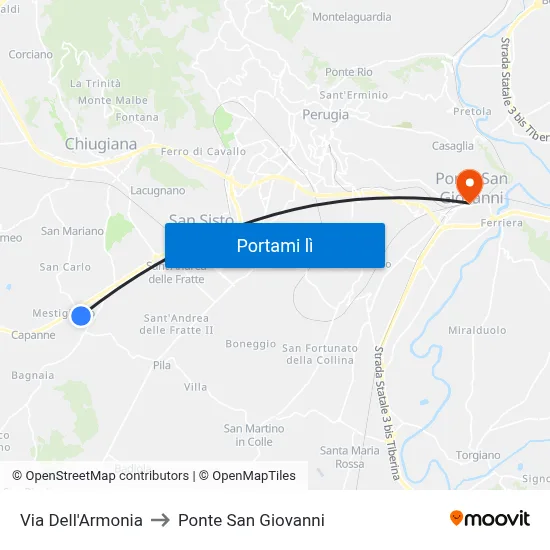 Via Dell'Armonia to Ponte San Giovanni map