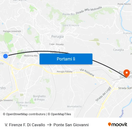 V. Firenze F. Di Cavallo to Ponte San Giovanni map