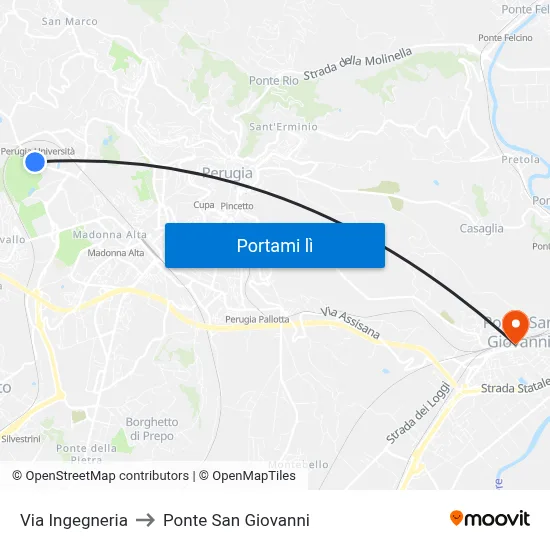 Via Ingegneria to Ponte San Giovanni map